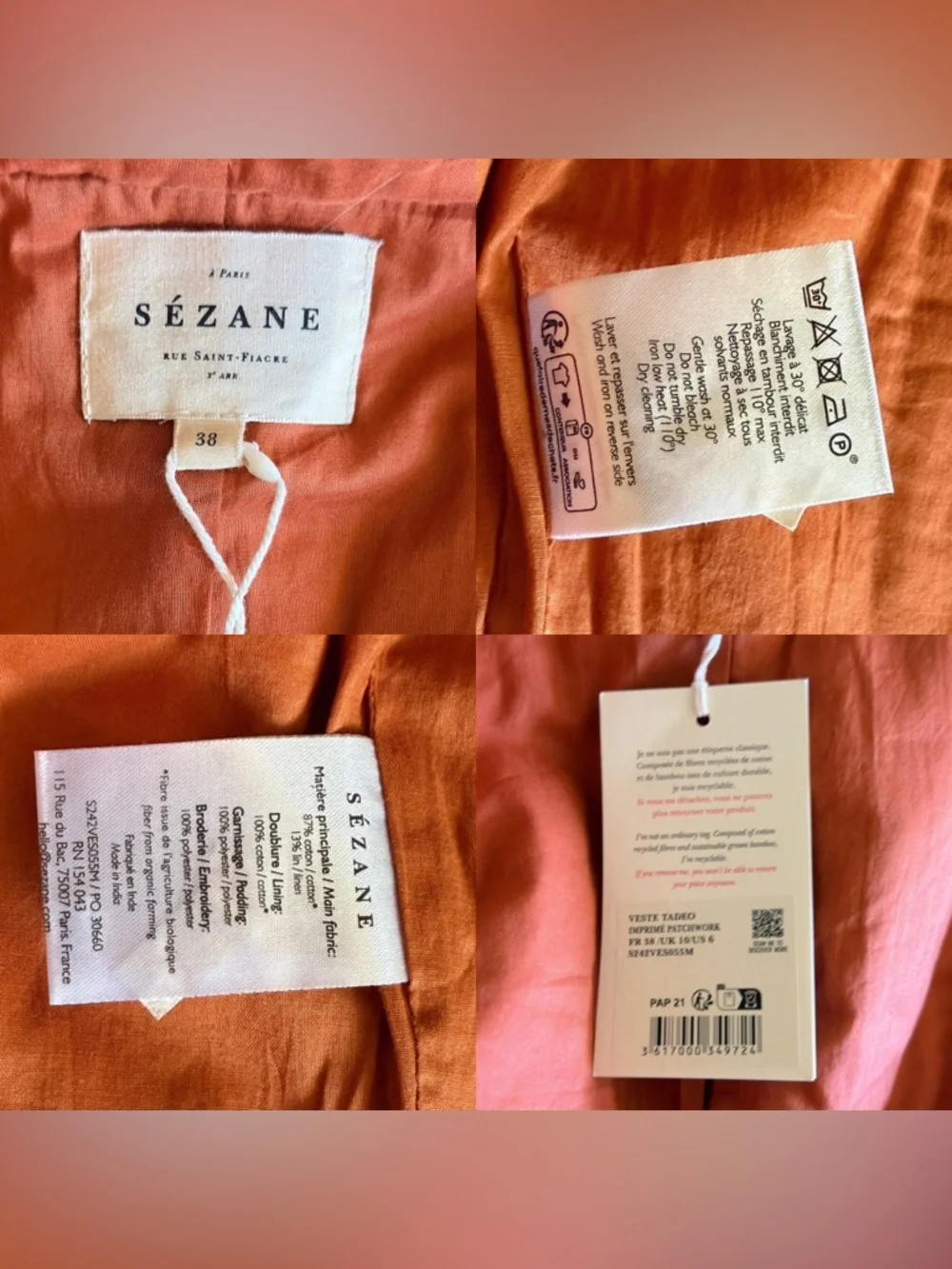 Sezane Tadeo Quilted Vest Patchwork Floral‎ Multicolor 38 NWT